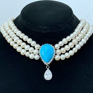 Freshwater Pearls 3 row necklace with Turquoise center piece, Weddings, Mother o